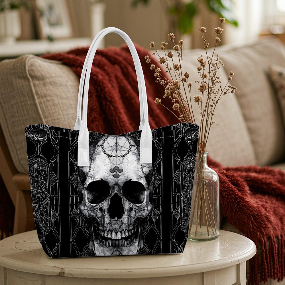 Gothic Skull Pattern Tote Bag Large Capacity Casual Shoulder Bag for Daily Shopping Street Style Trendy Carryall