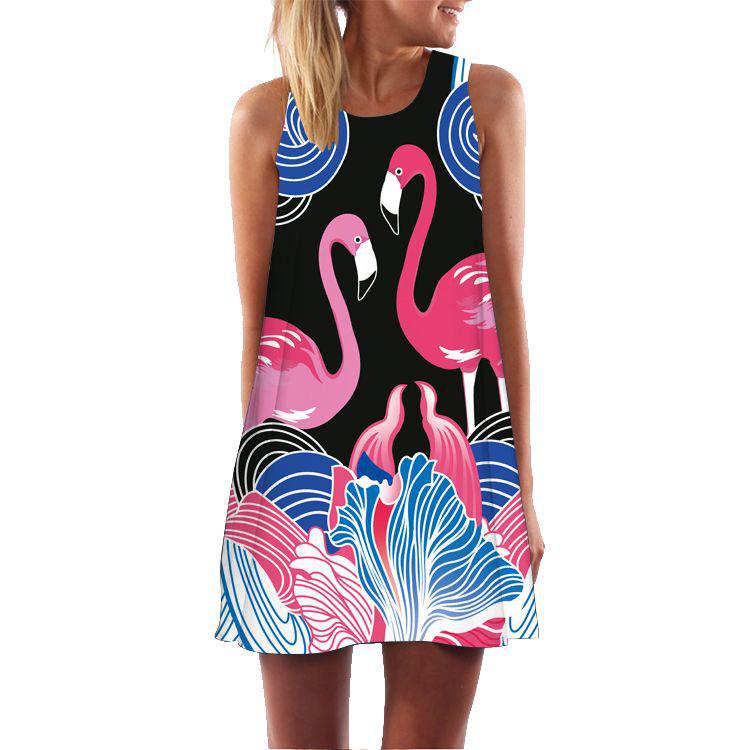 European Station European and American new retro digital printing round neck hot-selling off-the-shoulder medium and long vest dress