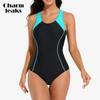 Women's One Piece Athletic Racerback Swimsuit Color Block Slimming Bathing Suit with Built In Bras