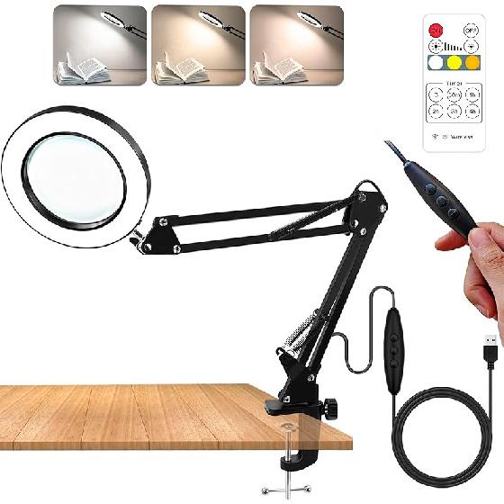 10X Magnifying Glass with Light and Stand, Remote Control Desk Magnifying Glass with Light- Stepless Dimming Craft Magnifying Lamp Hands Free