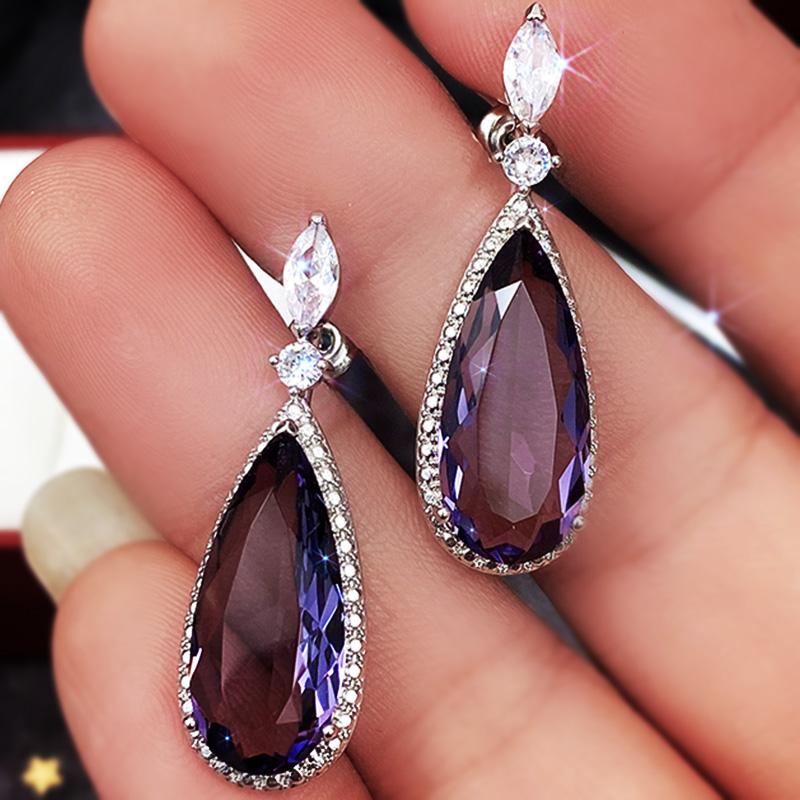 Huitan Big Teardrop Purple CZ Stone Drop Earrings High Quality Copper Color Gorgeous Women Accessories Wedding Trend Hot Zircon