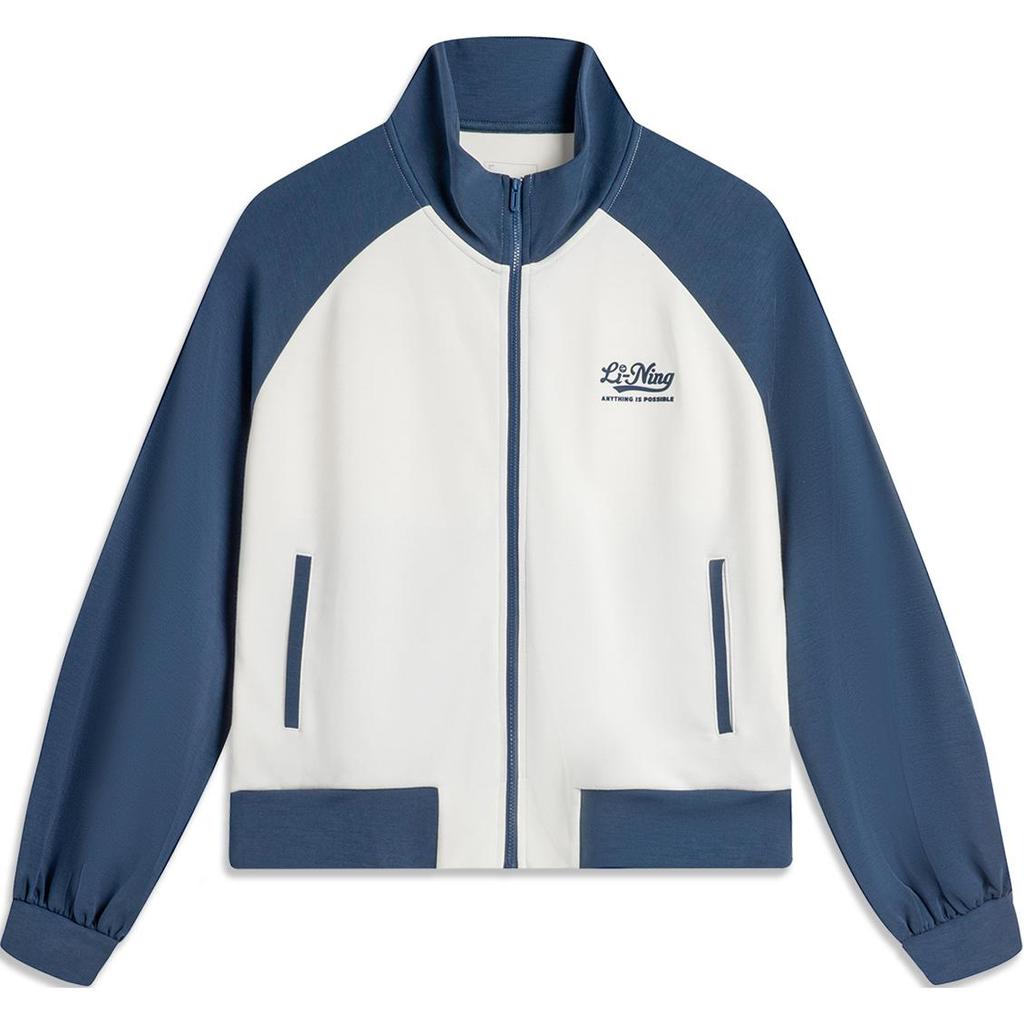 Li Ning Sports Lifestyle Series Color Block Letter Stand Collar Zipper Long Sleeve Hoodie Women Hoodies Off-White Deep-Navy AWDU838-2