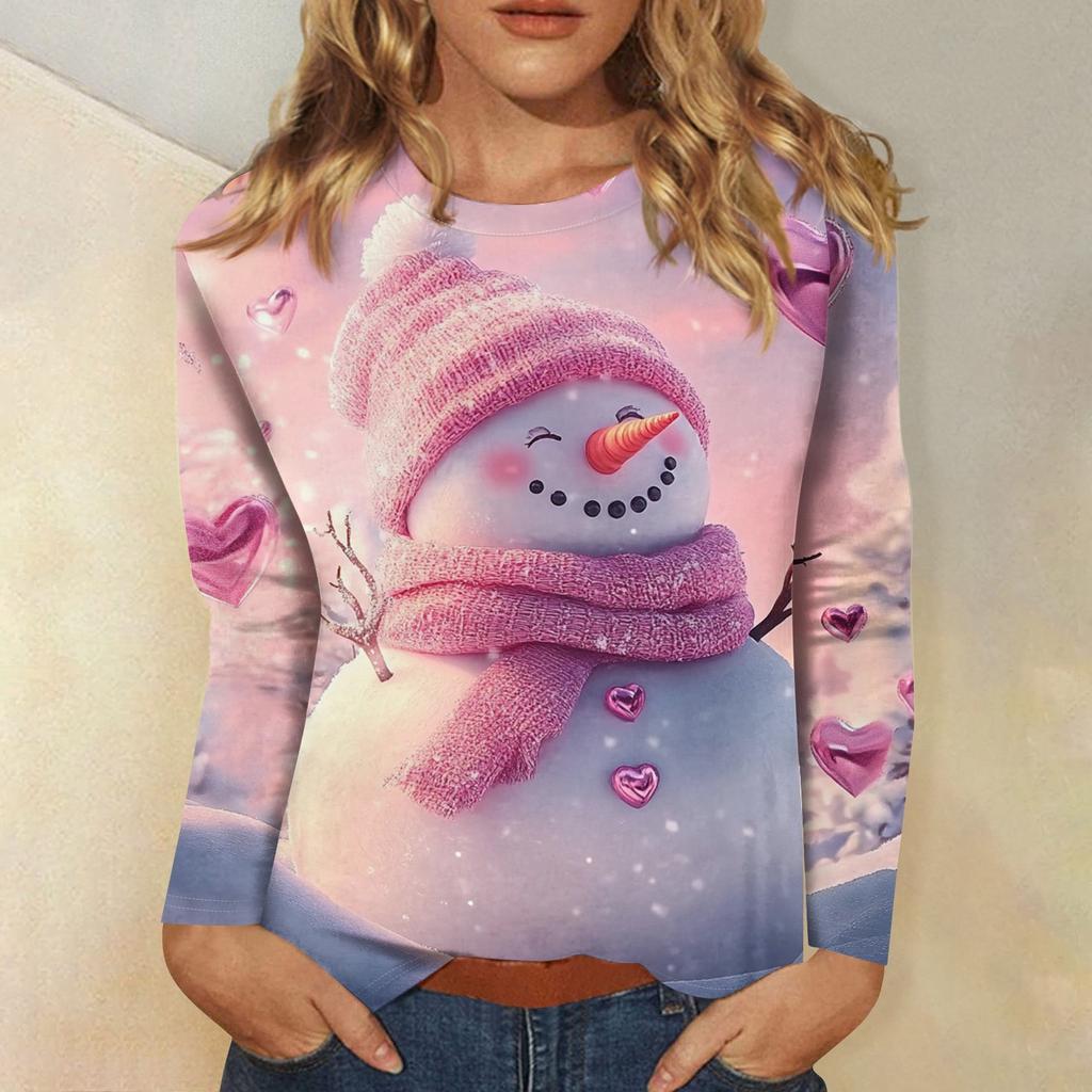 Рубашки с длинным рукавом для женщин Милые принты Футболки Блузки Повседневные Большие размеры Базовые топы Пуловеры Рождественские
