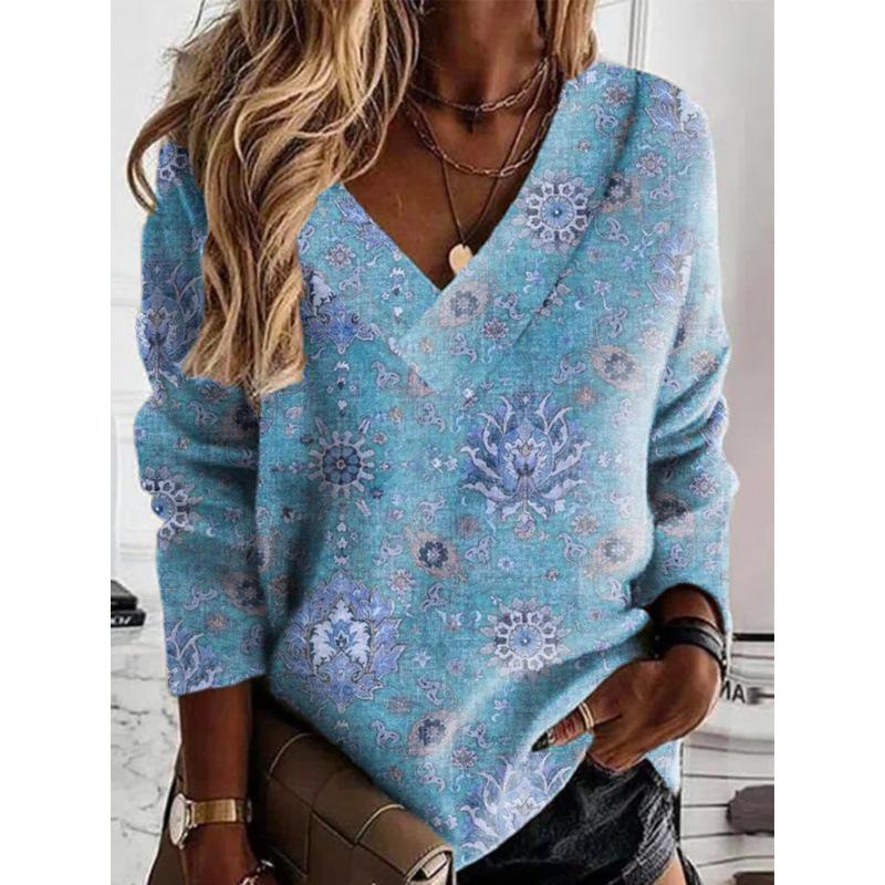 2023 Autumn/Winter Plus Size V-Neck Loose Fit Printed Sweatshirt for Women