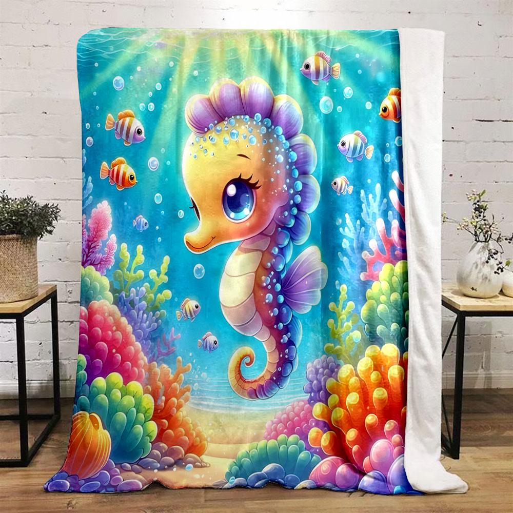 Cute Seahorse and Colorful Coral Reef Scene print blanket soft and cozy perfect for the living room bed sofa or a nap,gift