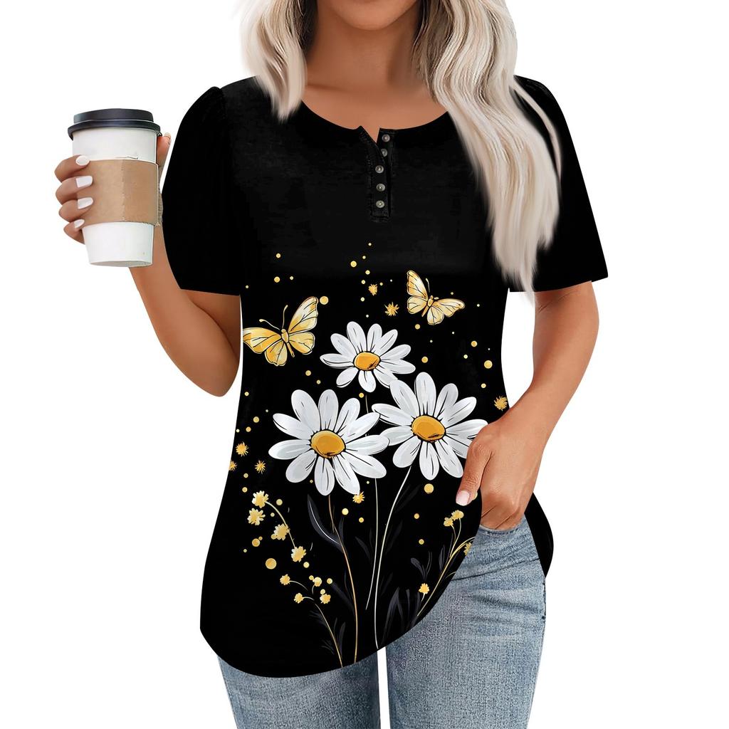 Женский модный повседневный короткий рукав пуловер с принтом на пуговицах и круглым вырезом