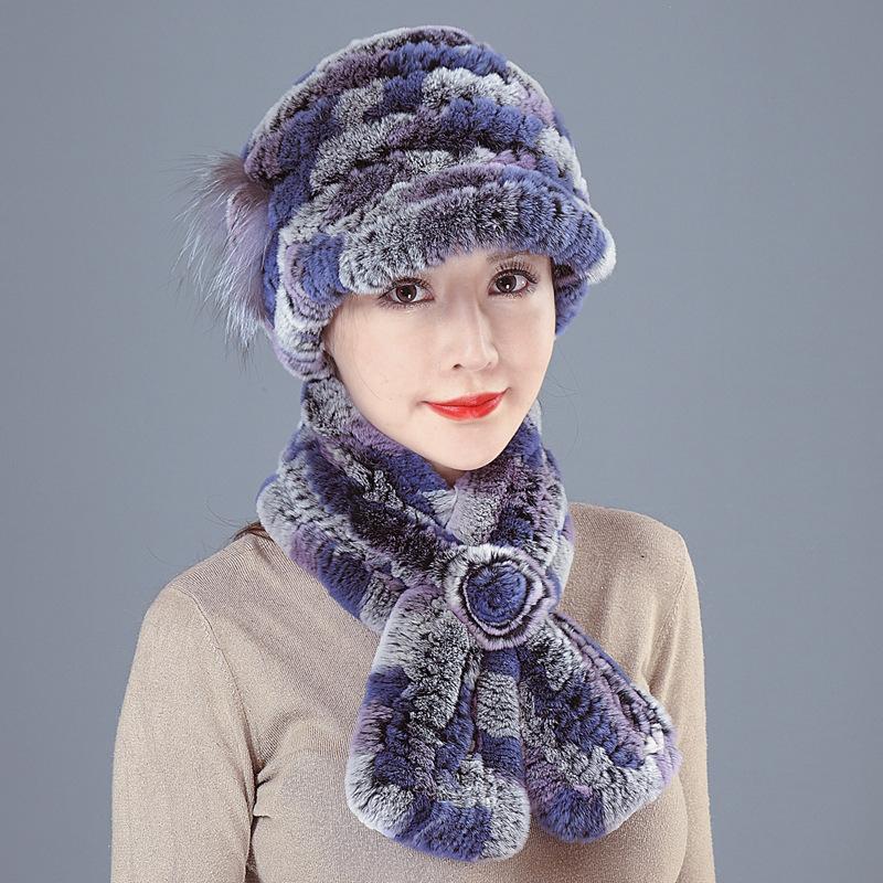 Шапка-шарф из меха кролика Рекс, два комплекта для пожилых женщин, женщин, осени, зимы, матери, бабушки