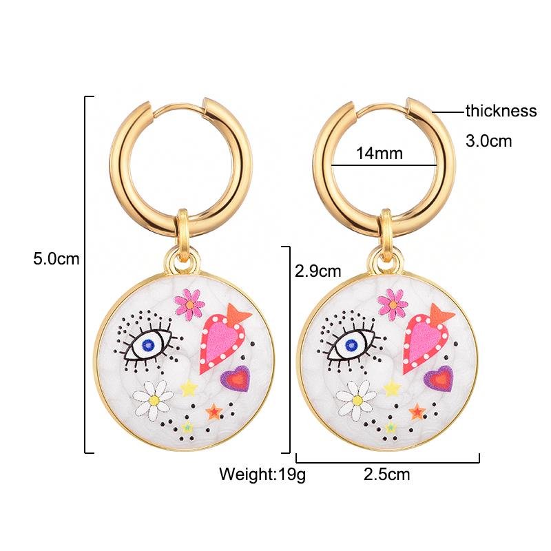 Cute Round Eye Flower Smile Star Heart Pattern Stainless Steel Hoop Earrings For Women Vintage Enamel Gold Color Female Jewelry