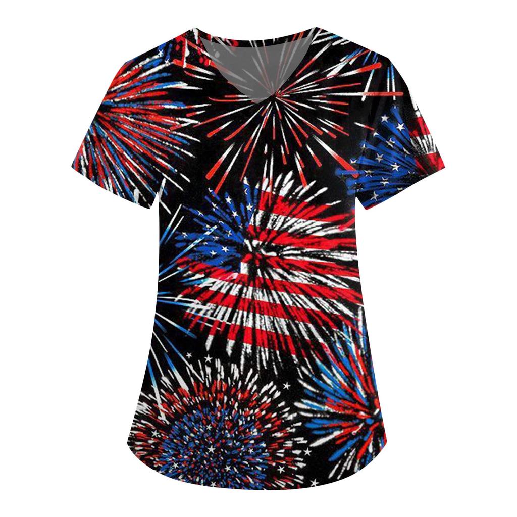 Women's Short Sleeve V-Neck Independence Day Printed Pocket Carer Top