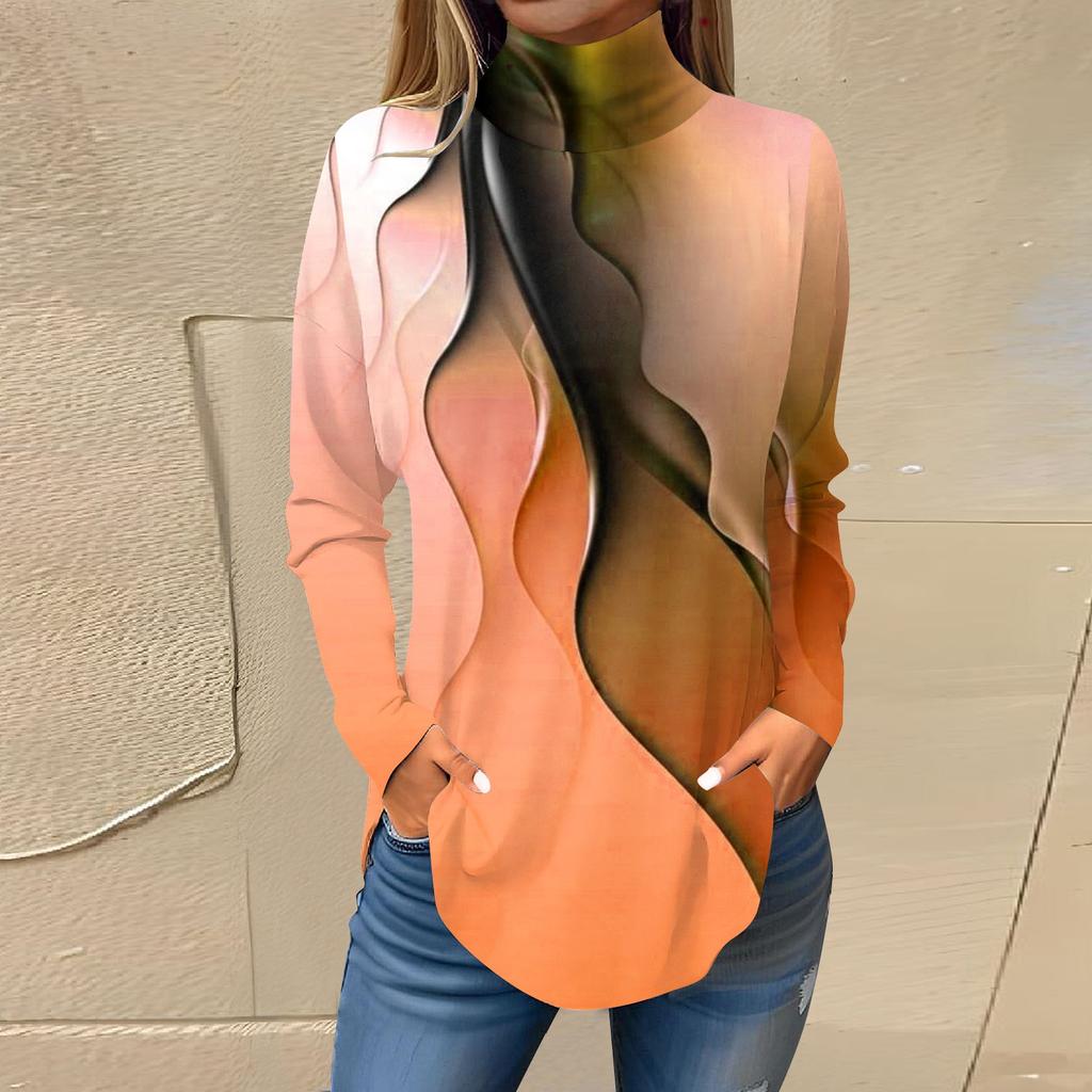 Женская модная повседневная футболка с длинным рукавом с высоким воротом и принтом, пуловер, топ