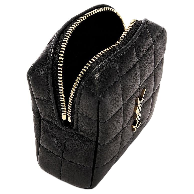 Saint Laurent Мини-клатч YSL с металлическим логотипом, золотистой фурнитурой и стеганой кожей, женский, черный, артикул 778102AABVP1000