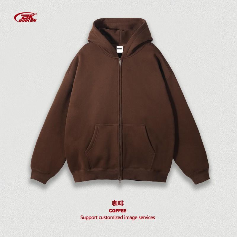 BK Fall Winter Fleece Thermal Hoodie Couple Loose Boxy Fit Zip Up Sweatshirt
