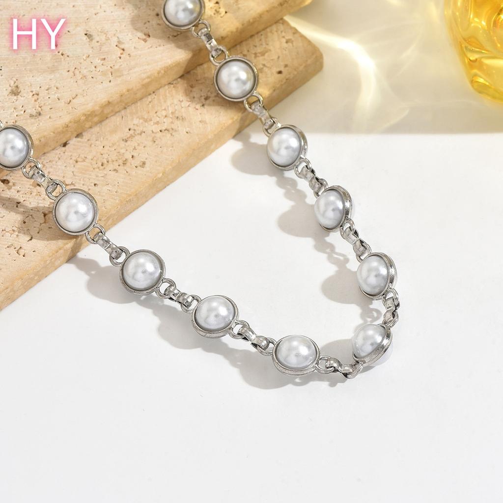 HY New Women Simple White Round Pearl Fine Beach Sexy Belt Slender Waist Body Chain Jewelry Silver Plated Metal