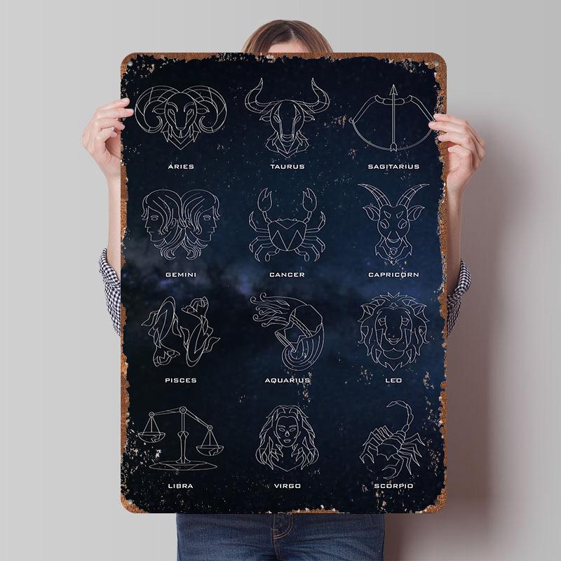 Zodiac Sings Poster Customized Vintage Metal Signs Wall Art Retro Tin Plaque for Desk Decor Room Accessories Office Decoration