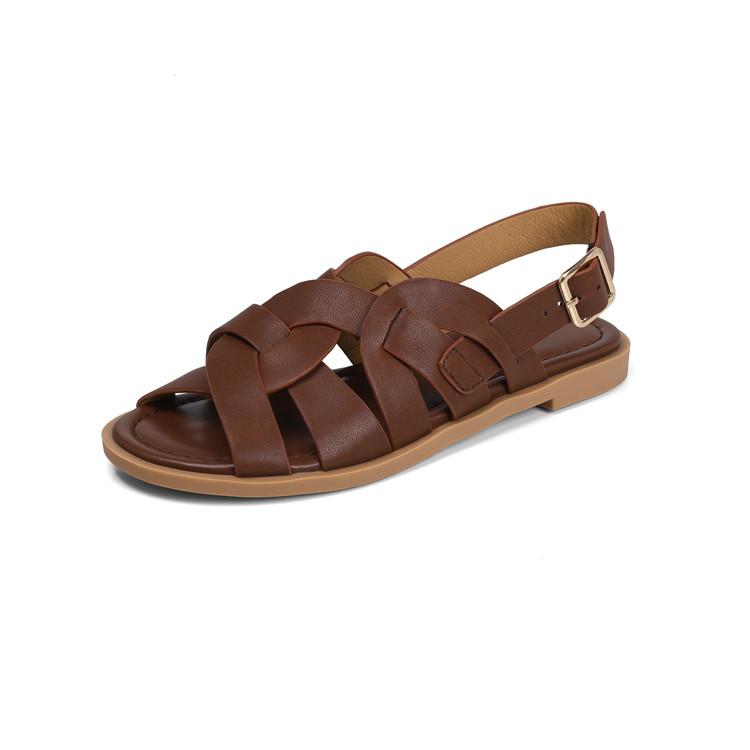 Модные новые летние сандалии из спилковой кожи с круглым носком для женщин, модные сандалии с пряжкой на низком каблуке, женская обувь, женские гладиаторские сандалии
