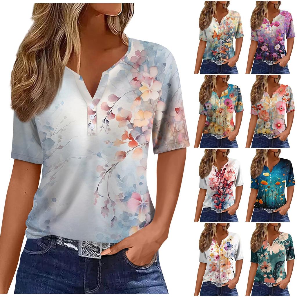 Women's T Shirt Print Button Short Sleeve Daily Weekend Fashion Basic V-Neck Regular Top