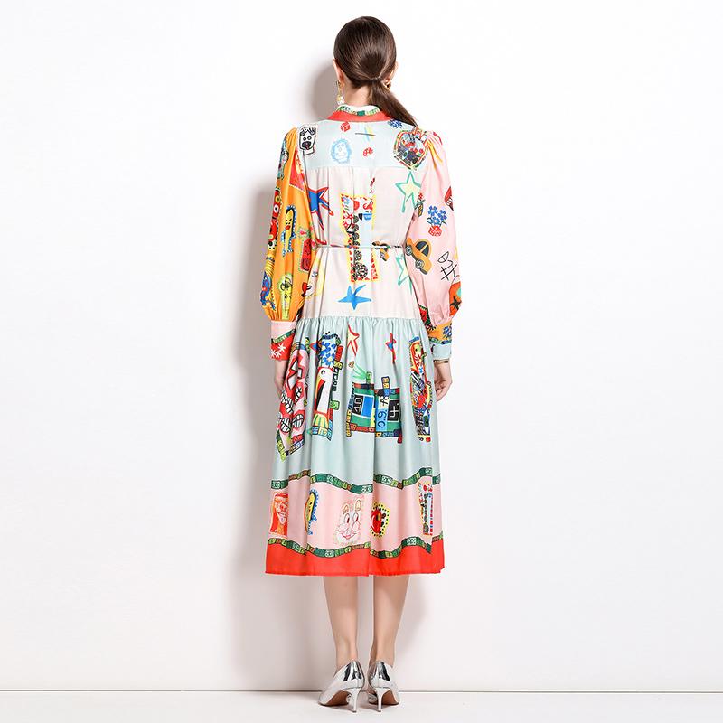 Spring Autumn Women Brand Designer Print Runway Dress Turn-down Collar Shirt Party Dresses With Belt