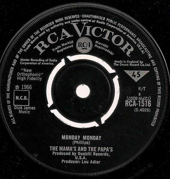 7-дюймовая пластинка MAMAS & PAPAS - Monday, Monday / Got A Feelin' RCA1516 RCA Victor 1966 UK Rock Б/у