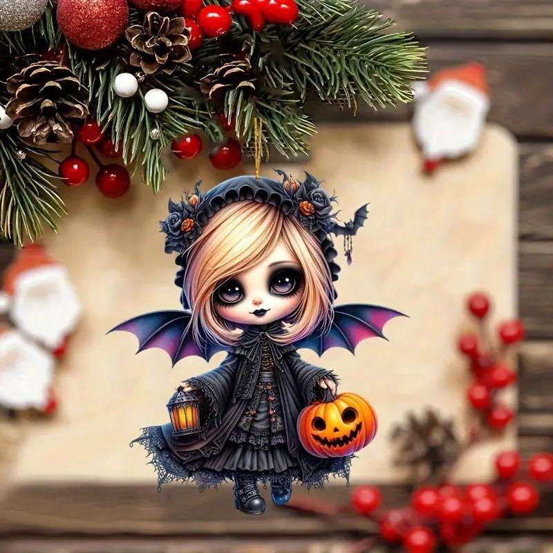 Halloween New Pumpkin Witch Pendant Magic Sweep Girl Flat 2D Rearview Mirror Decoration Pendant Keychain Pendant Set