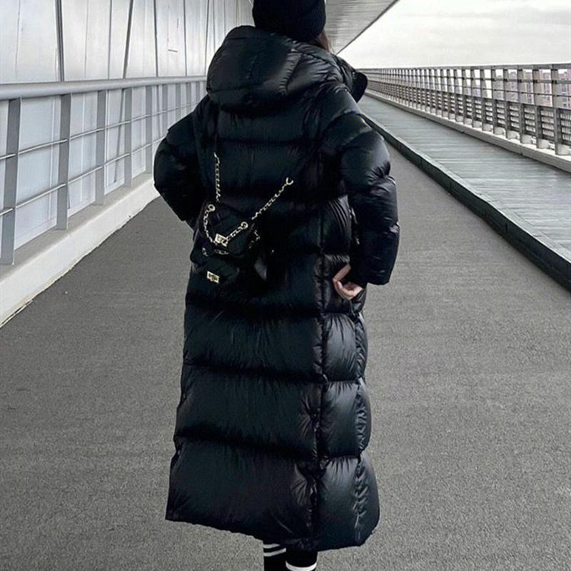 Women's Winter Autumn Hooded White Duck Down Jacket Coat Loose Long Solid Color Big Pocket Windproof Down Coat