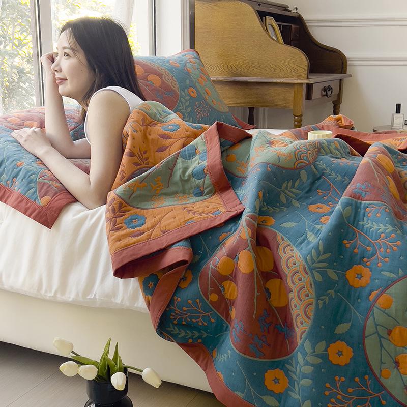 All-Cotton Yarn-Dyed Jacquard Gauze Blanket - Soft, Skin-Friendly Four-Season Bedspread