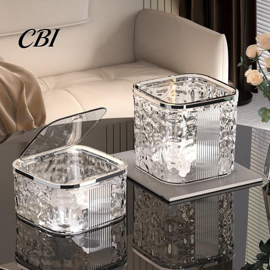 Small Trash Bin for Desk Desktop Can with Pop-Up Lid, Transparent Glacier Texture Waste Compact Bedroom Bin, Plastic Garbage Container Bathroom Office