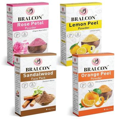 BRALCON Комбо из порошков лепестков розы, сандала, апельсиновой цедры, лимонной цедры - 400 г (100 г x 4 упаковки) Маска-патч для лица и кожи - для осветления, против старения