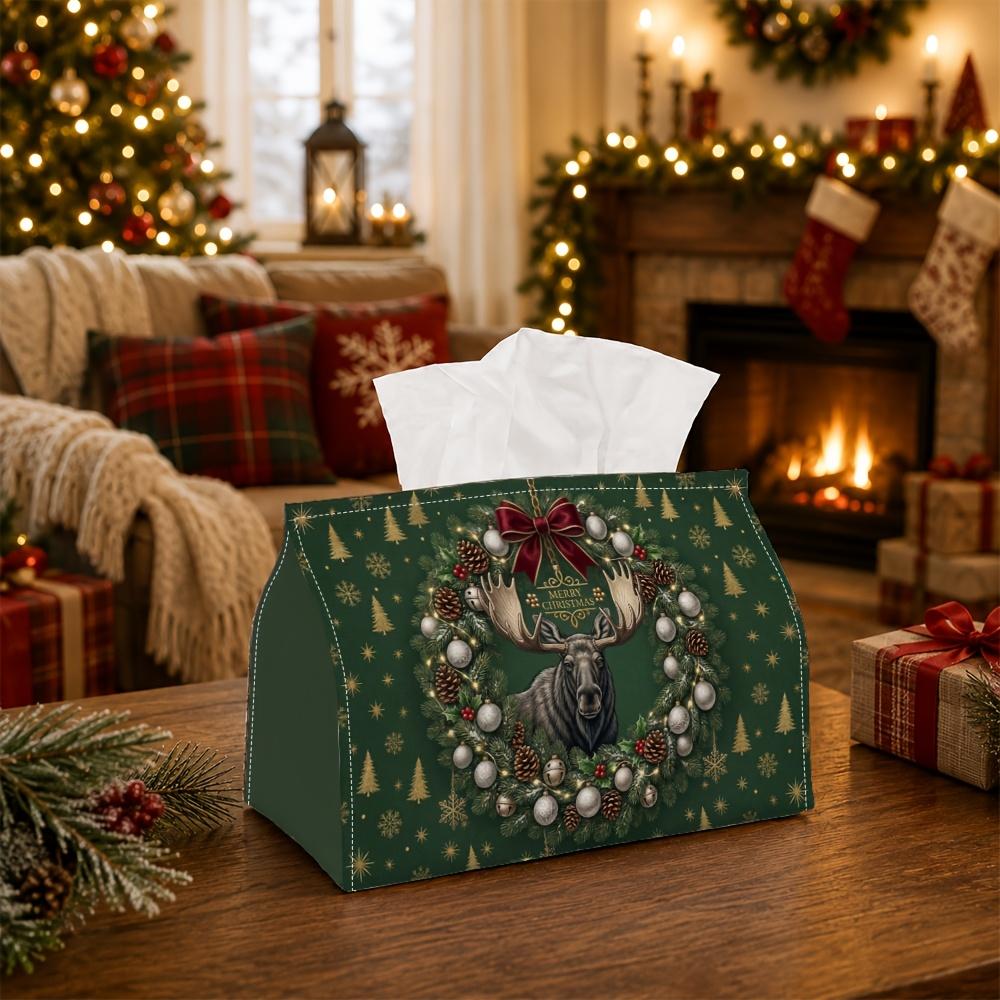 1pc Rustic Woodland Winter Tissue Box - Moose Portrait Pine Wreath Napkin Storage Box, Suitable for Rolls/facial Tissues/single Sheets,available for C