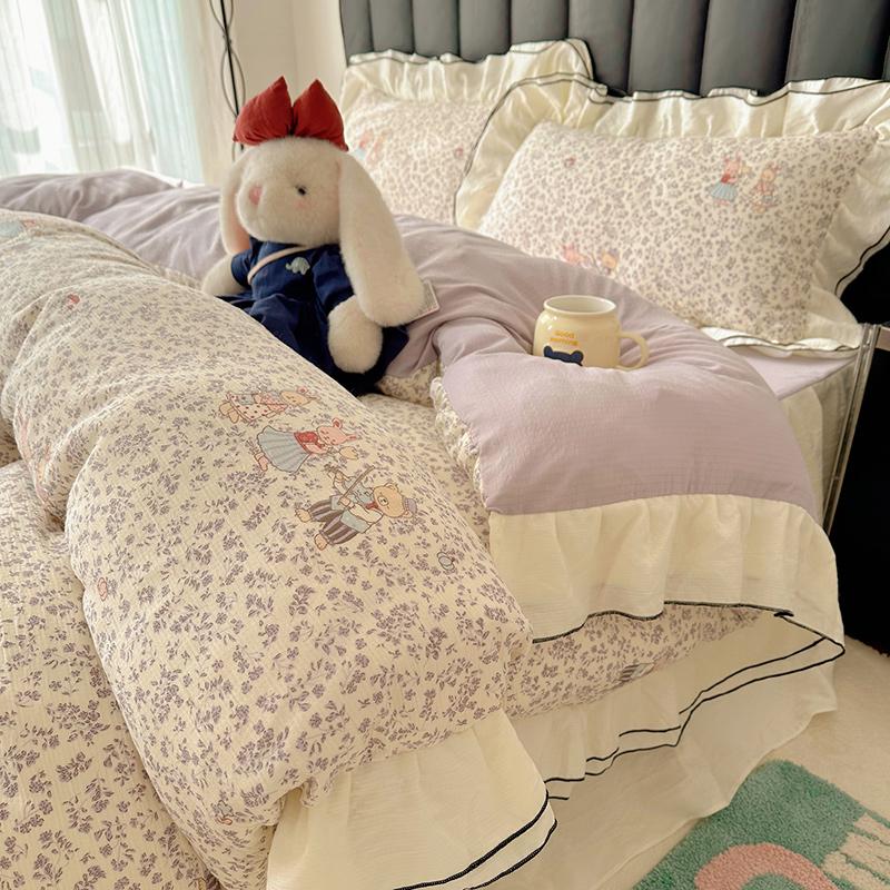 Sleep grid double-layer yarn wrinkled yarn Korean fresh style bed skirt four piece set