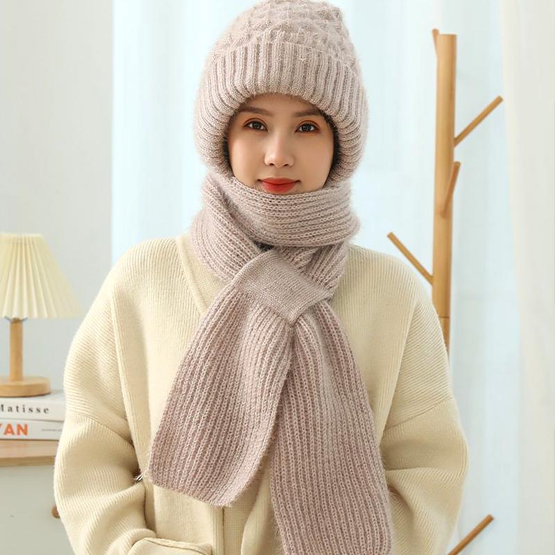 Women Plush Solid Color Knitted Woolen Hat Fleece Lined Beanie Caps Hat Scarf Set Thickened Winter