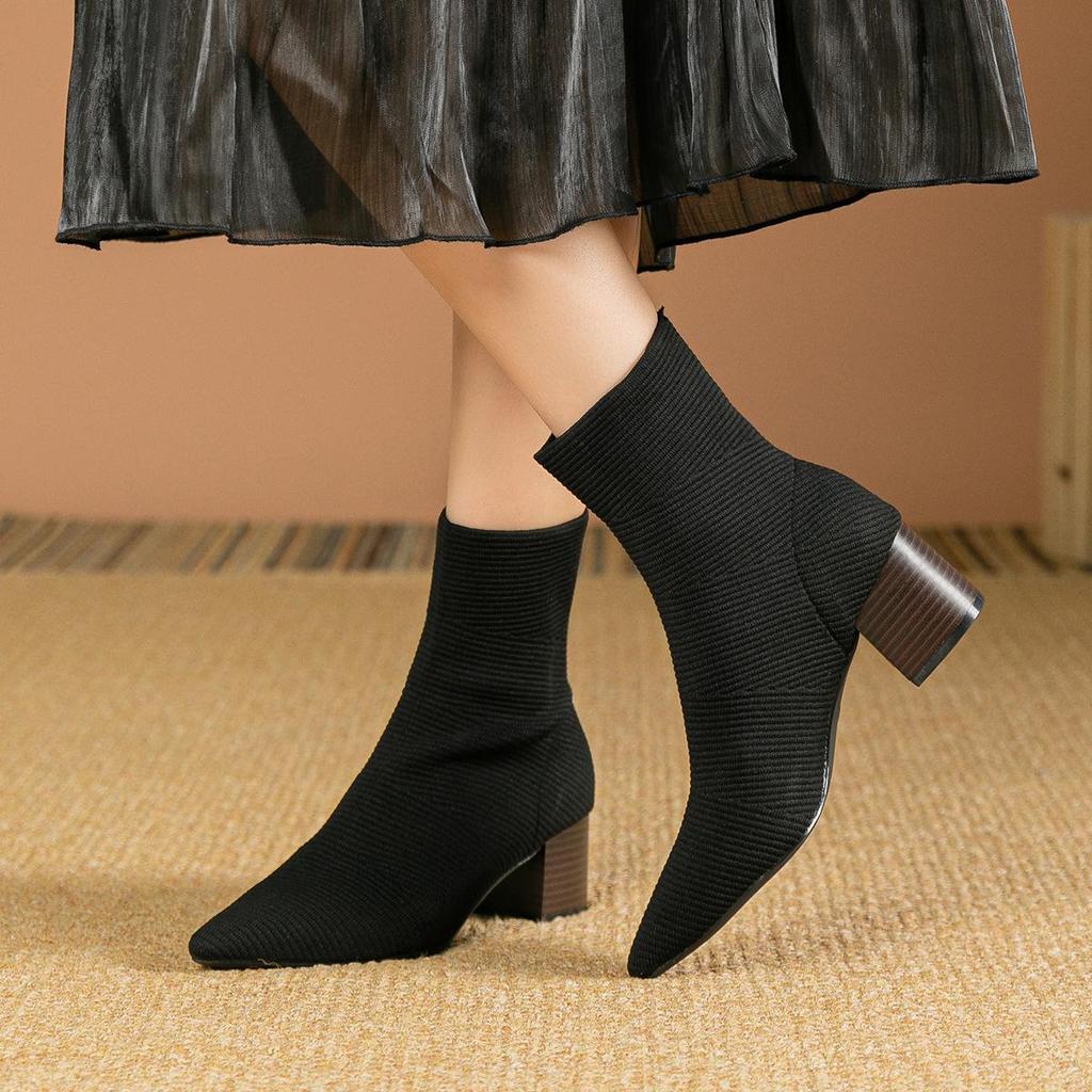 Женские зимние ботинки большого размера с острым носком на высоком каблуке, весенние повседневные ботинки средней длины с толстой подошвой, эластичные вязаные ботинки Martin, носки, обувь 34-43