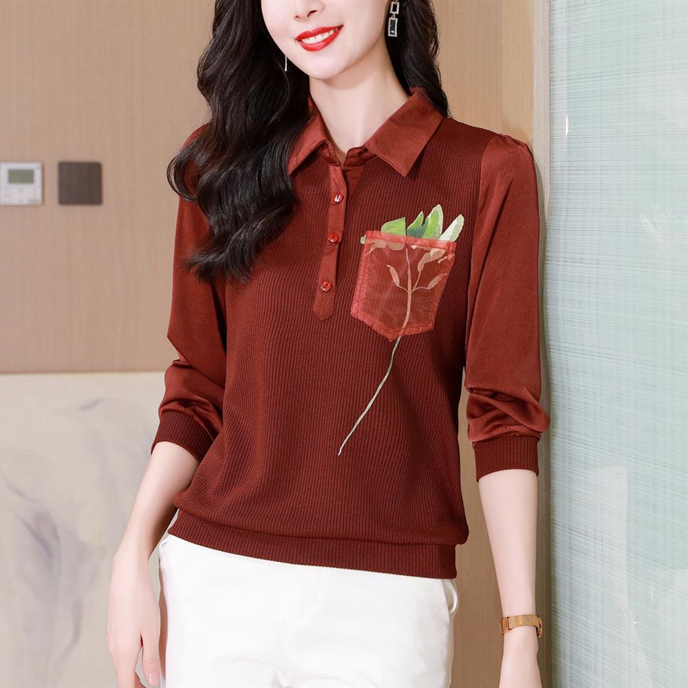 Молодая мама с принтом отворота свитер с длинными рукавами рубашка осень новая модная рубашка для среднего и пожилого возраста свободный топ