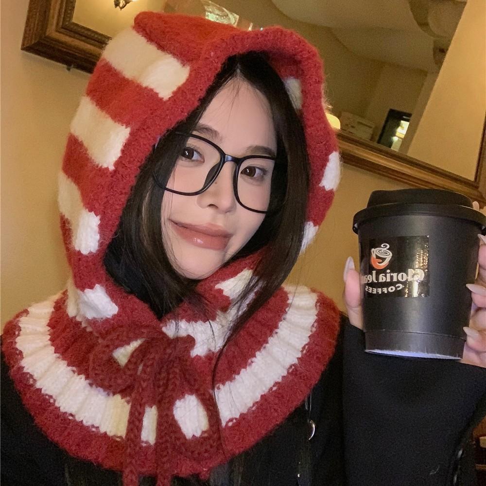 Полосатая балаклава женская осенне-зимняя холодная и теплая шарф интегрированная вязаная шерстяная шапка большой обхват головы универсальная