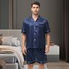 2Pcs/Set Men Pajamas Set Lapel Short Sleeve Single Breasted Tops Elastic Waist Shorts Set Solid Color Satin Sleepwear