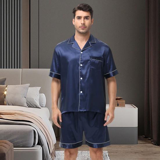 2Pcs/Set Men Pajamas Set Lapel Short Sleeve Single Breasted Tops Elastic Waist Shorts Set Solid Color Satin Sleepwear