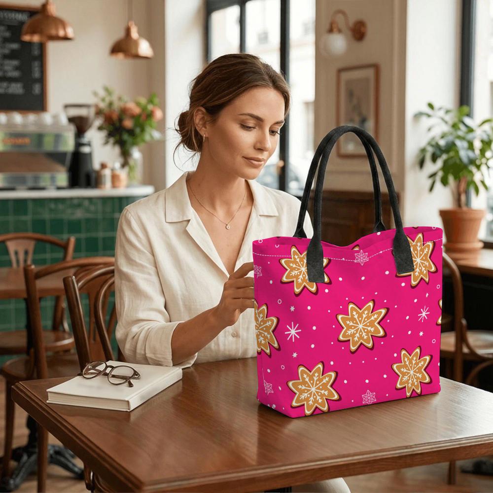 Rose Tote Bag Women Canvas Shopping Handbag with Gingerbread Snowflake Cookie Print Black Handles