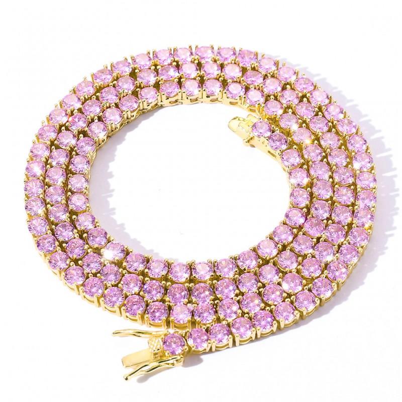 Mens Hip Hop Tennis Chain Necklace 4mm Pink Zircon Single Row Copper Adjustable 7-24 Inch