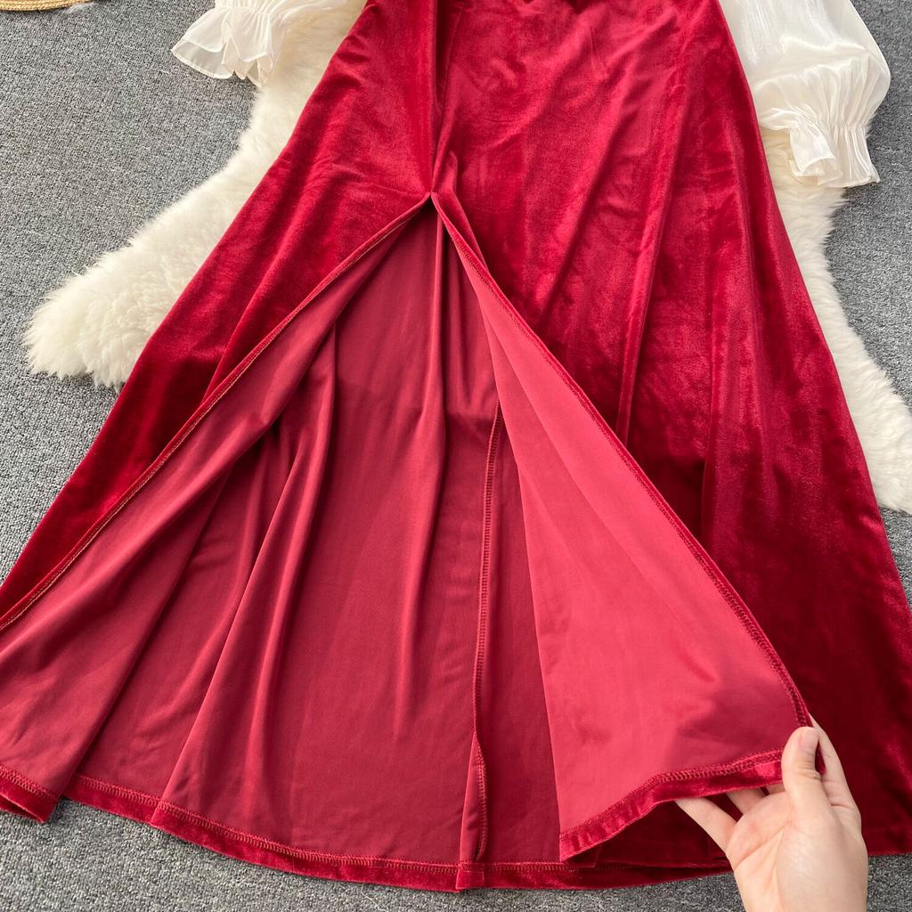 Elegant Ruffle Patchwork Velvet Dress Women Contrast Color Long Sleeve Split Evening Dresses Autumn Winter New Sweet Red Prom Clothes