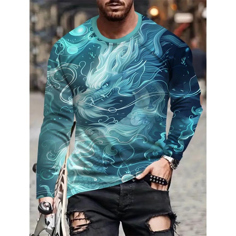 Spring Autumn Fashion Comfortable Loose Soft Casual Versatile Round Neck Long Sleeve T-shirt Creative Animal 3D Printed Men's T-shirt