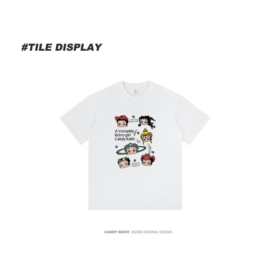 Женская летняя хлопковая футболка свободного кроя с круглым вырезом и мультяшным принтом, 2024