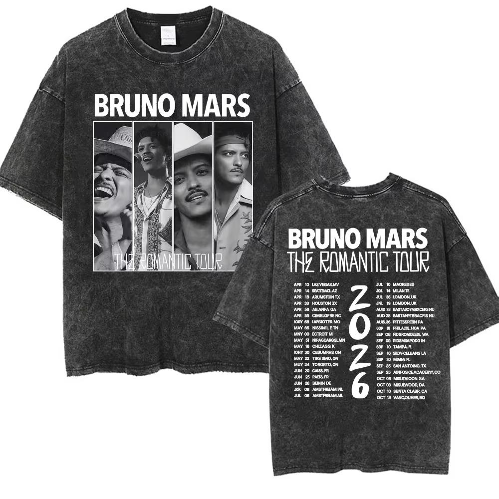 Bruno Mars The Romantic Tour 2026 Vintage Washed T Shirt Men Women Fashion Hip Hop Pop Music T-shirt Summer Casual Cotton Tshirt