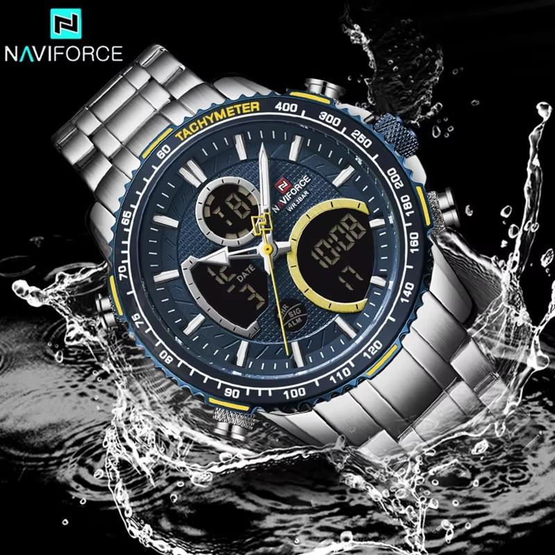 NAVIFORCE 9182 Мужские кварцевые часы Бизнес-стиль Светодиодные цифровые часы Люксовые часы с двойным дисплеем для мужчин Нержавеющая сталь Reloj