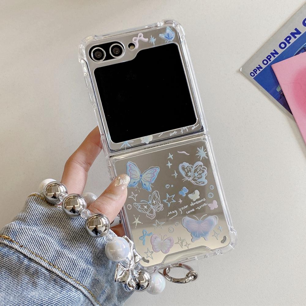 Cute Cartoon Butterfly Bracelet Case for Samsung Galaxy Z Flip 5 4 3 6 Flip5 Flip4 Cat Dog Mirror Make Up Wrist Chain Cover