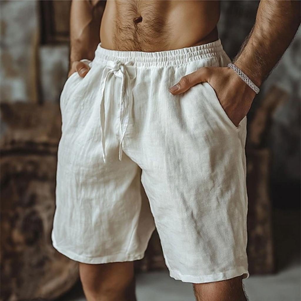 Men's Cotton Linen Shorts Elastic Waist Casual Solid Color Lace-up Running Fitness Sports Beach Fifth Pants