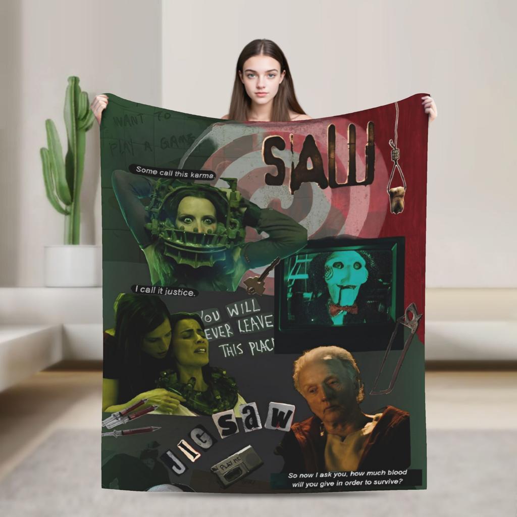Saw Horror Movie Fashion Blanket Cover Funny Halloween Jigsaw Flannel Throw Fashion Blankets Home Couch Printed Soft Warm Bedspreads Breatha