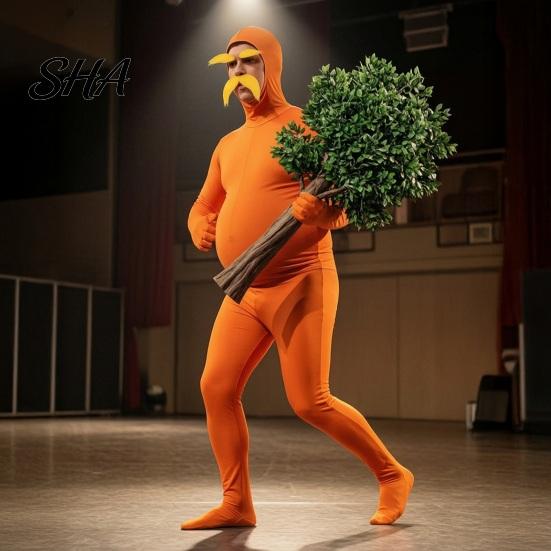 Halloween Cosplay Outfit Orange Full Bodysuit for Kids Adults, with Belly, Yellow Mustache & Eyebrows, Open Face Zentai Suit Men Women Suit,