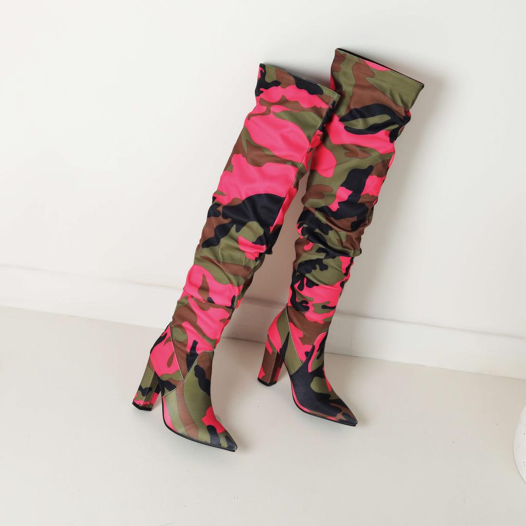 lenkisen Ткань с камуфляжным узором, осенне-зимняя обувь, супертонкие высокие каблуки, плиссированные ботинки, европейские теплые сапоги выше колена