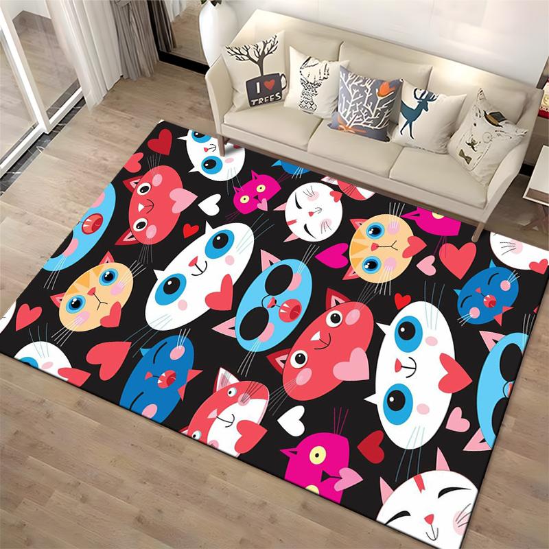 Colorful Cartoon Cats and Hearts Pattern on Black Background for Cute Decorative Carpet Suitable for use as an anti-slip1 for1room and bedroom sofas