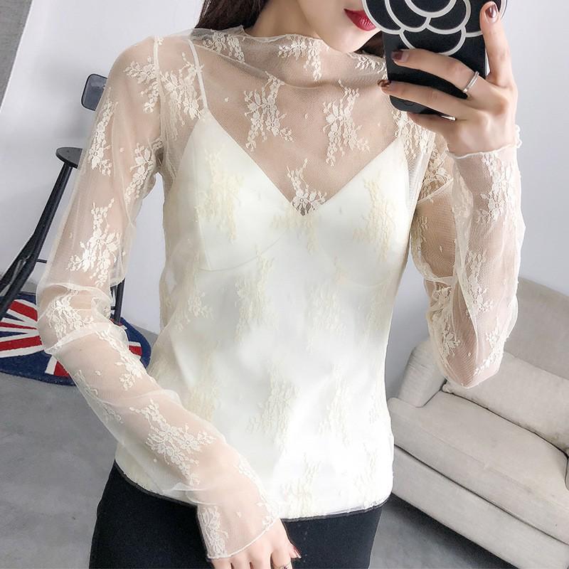 Women's Korean Style Sheer Black Mesh Long Sleeve Top