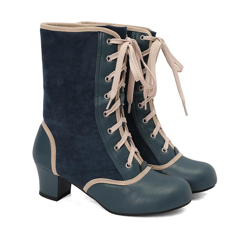 2024 Осень Зима Ретро Женские Ботильоны Смешанные Цвета Косплей Ботинки ПУ Пэчворк Флок Удобные Массивные Каблуки Обувь